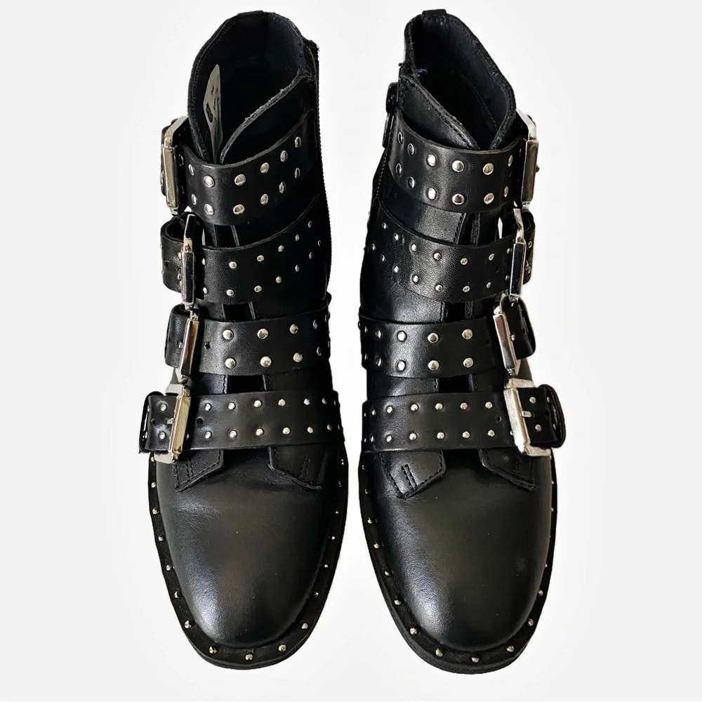 Topshop Size 5 1/2 Biker Moto Boot Amelia Leather With Studs - Picture 2 of 9